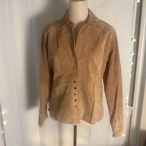 Vintage Y2K Coldwater Creek 100% Leather Jacket Tan Camel Snap Front Size M - Picture 1 of 8